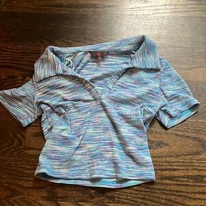 XS cropped v-neck shirt from NOBO. Blue, purple, and white stripes.